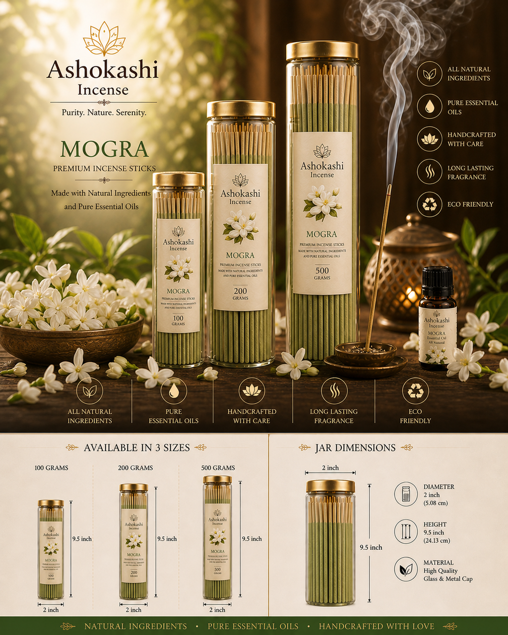 ASHOKASHI PREMIUM ANCIENT MOGRA | 100GRAM JAR | NATURAL FRAGRANCE