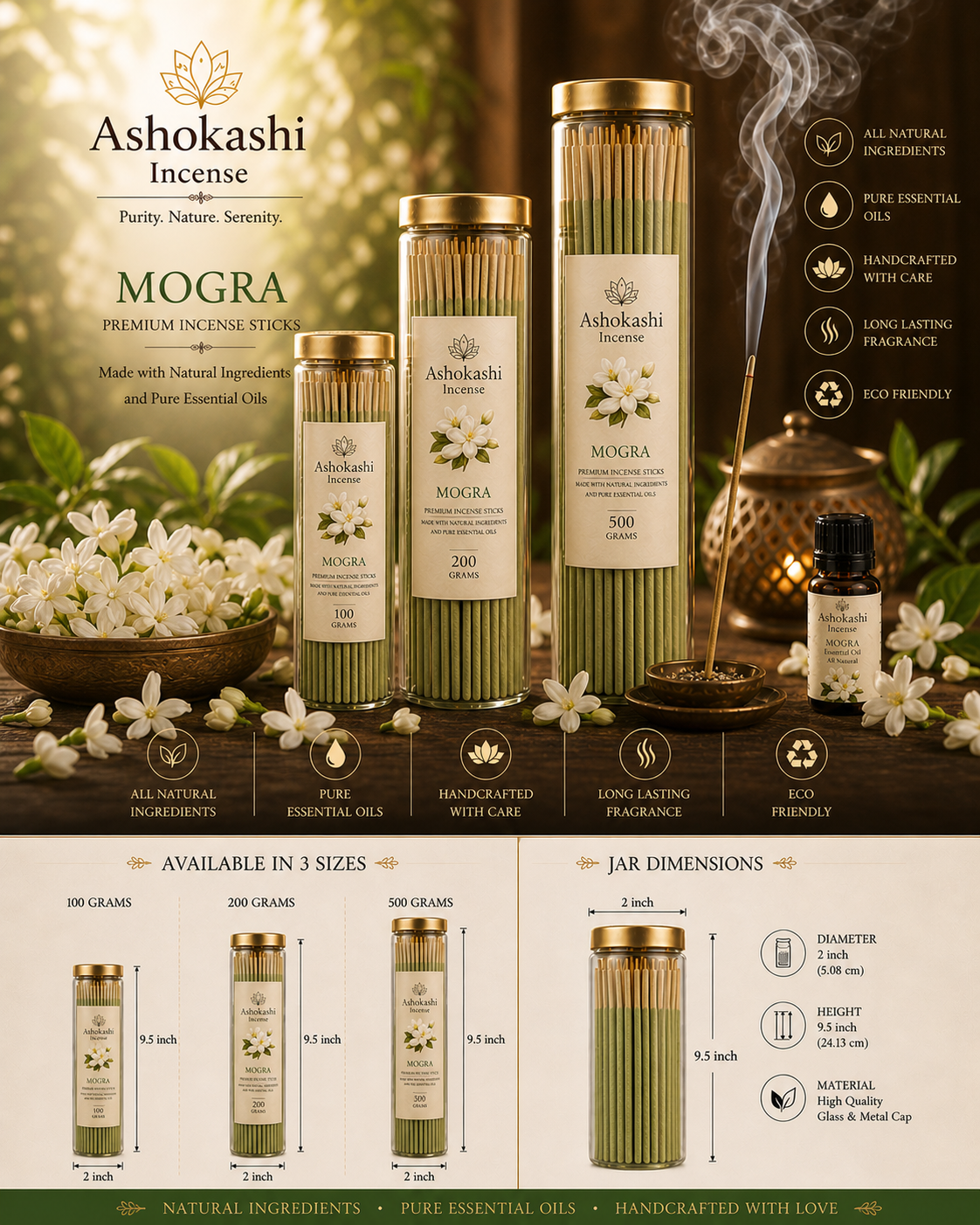 ASHOKASHI PREMIUM ANCIENT MOGRA | 100GRAM JAR | NATURAL FRAGRANCE