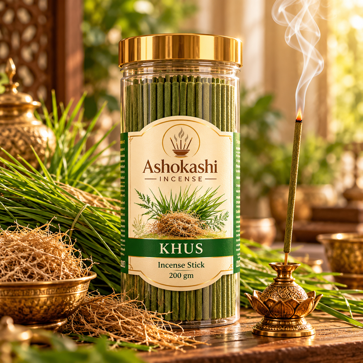 ASHOKASHI Premium Ancient Khus Incense Sticks | Charcoal-Free | 200g