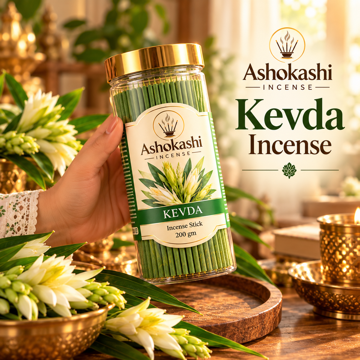 ASHOKASHI Premium Ancient Kevda Incense Sticks | Charcoal-Free | 200g