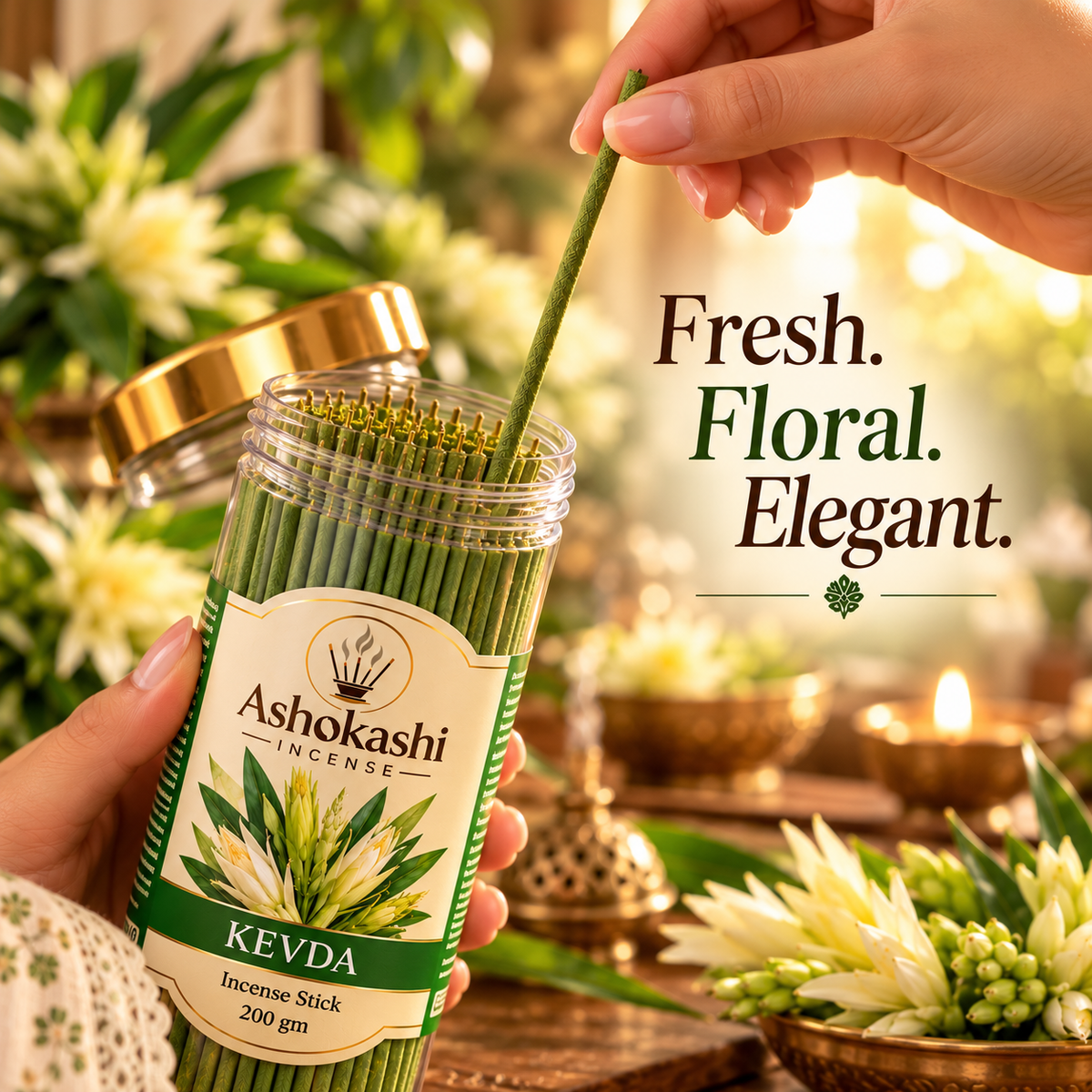 ASHOKASHI Premium Ancient Kevda Incense Sticks | Charcoal-Free | 200g