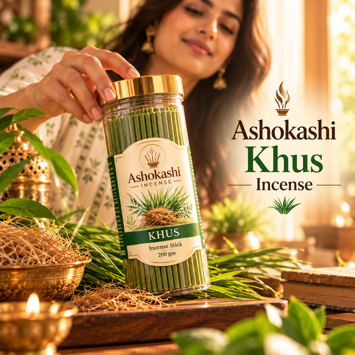 ASHOKASHI Premium Ancient Khus Incense Sticks | Charcoal-Free | 200g