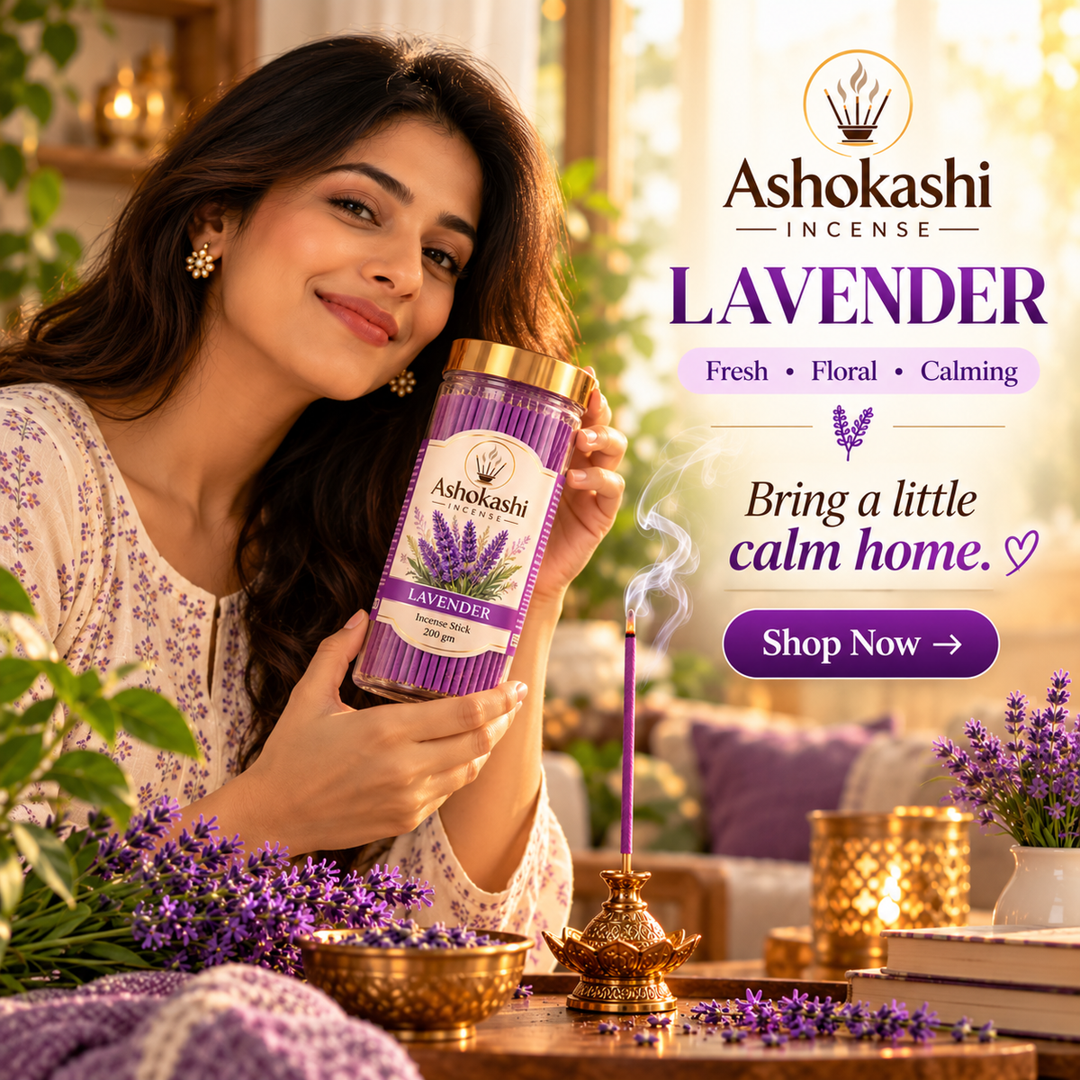 ASHOKASHI Premium Ancient Lavender Incense Sticks | Charcoal-Free | 200g